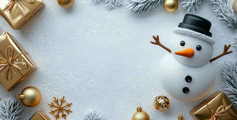 Cheerful snowman with carrot nose and black hat surrounded by gold Christmas gifts and ornaments on snowy white background Generative AI