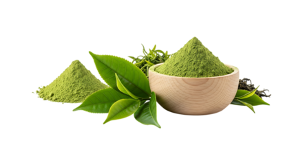 Green matcha powder in a bowl with fresh leaves isolated on transparent background