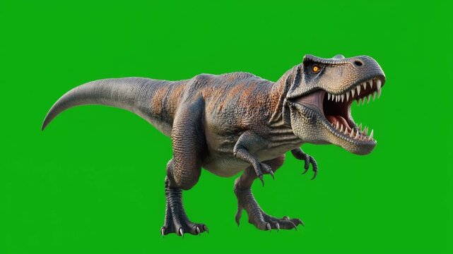 Realistic animated T-Rex dinosaur roaring, with glowing eyes, isolated on a green screen background