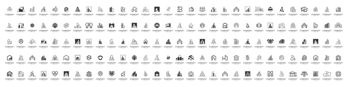 Mega logo collection. Abstract building real estate apartment logo design inspiration. Geometric shape logo icon vector isolated on black background.