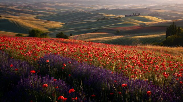 Vibrant tuscan landscape with poppies and lavender basking under morning sunlight