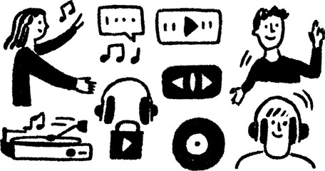 Vector illustration set featuring music-related elements like headphones, vinyl records, and sound notes in a minimalist black and white style.