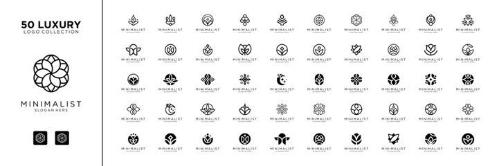 Mega logo collection with flower floral ornament. Minimalist logo icon vector isolated on white background.