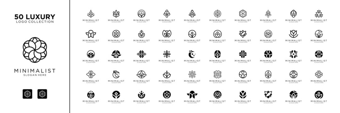 Mega logo collection with flower floral ornament. Minimalist logo icon vector isolated on white background.