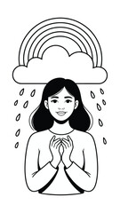 Woman under rain cloud and rainbow, hands open, symbolizing hope and optimism Vector