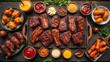 Cooked ribs and chicken wings arranged with various dipping sauces. Served on rustic dark wood table ready for outdoor party. Delicious meat barbecue spread.