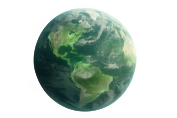 Earth globe presenting north and south america, displaying green landmasses and swirling clouds, on a transparent background for universal use
