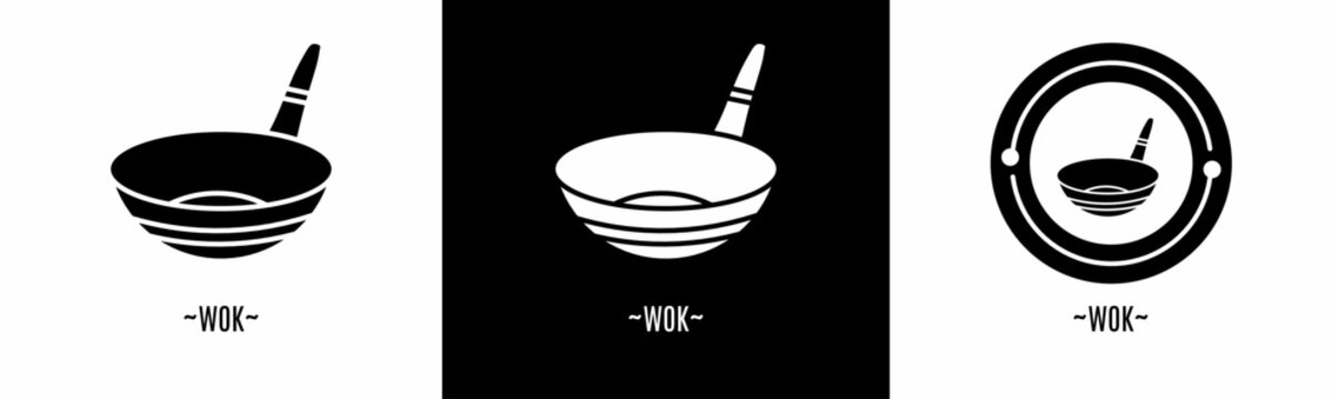 Wok logo set. Collection of black and white logos. Stock vector.