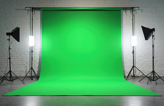 Pro studio with green screen backdrop and lighting equipment. Setup for film, video and photo production. Ready for chroma key compositing and visual effects.