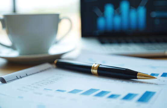 Pen rests on financial papers beside coffee cup and laptop displaying graphs. Analysis, planning, and business strategy with reports and data.