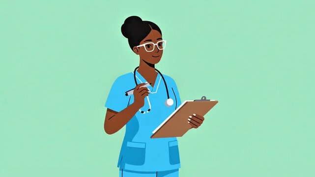 Animated African American Female Nurse Writing Notes on a Clipboard, Symbolizing Patient Records, Medical Documentation, Healthcare Tasks, and Professional Service