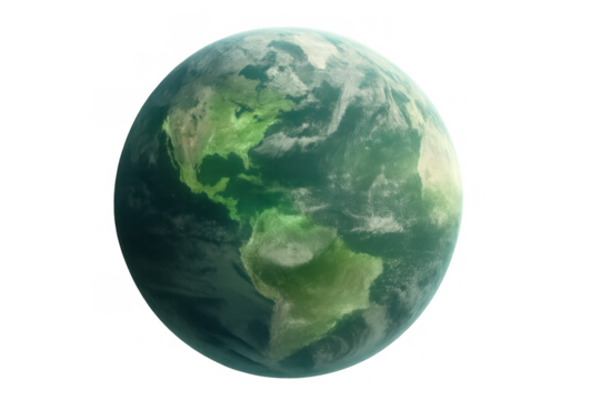 Earth globe presenting north and south america, displaying green landmasses and swirling clouds, on a transparent background for universal use