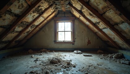 Attic interior with severe mold, water damage. Unhealthy environment with visible fungal growth, debris. Concerns about air quality, potential health hazards obvious. Old wooden structure shows decay.