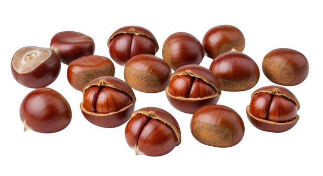 Fresh Chestnuts Collection - Whole and Half Chestnuts with Shells Isolated on White Background for Autumn Harvest and Cooking