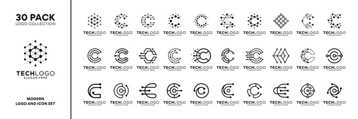 Set of initial letter C connection data tech logo design inspiration. Geometric abstract logo icon vector isolated on white background.