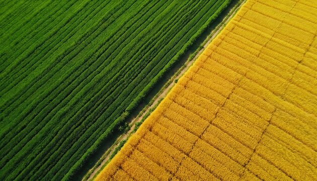 Aerial view of two agricultural fields separated by dirt path. One field green with young crops, golden yellow with ripe wheat ready for harvest. Shot shows neat rows, clear contrast between