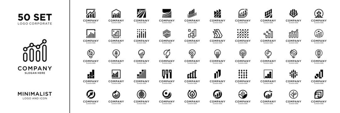 Mega logo collection. Financial growth with diagram chart bar logo design inspiration. Geometric abstract logo icon vector isolated on white background.