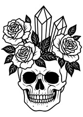 Fototapeta premium Vector skull head decorated with roses and crystals — mystical magical atmosphere, perfect for engraving, gothic art, and fantasy projects