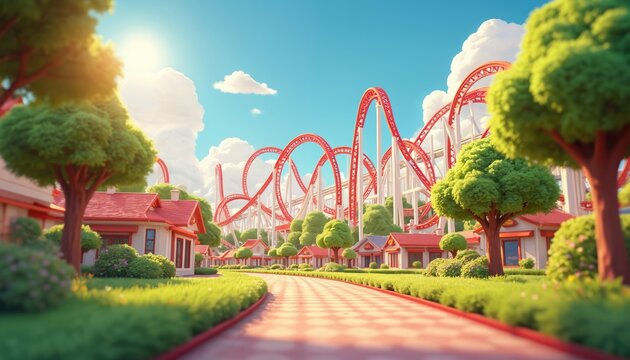 Roller coaster track twists over cartoonish village houses and green trees under bright sunny sky with clouds. A paved path leads through manicured lawns. Fun park attraction.