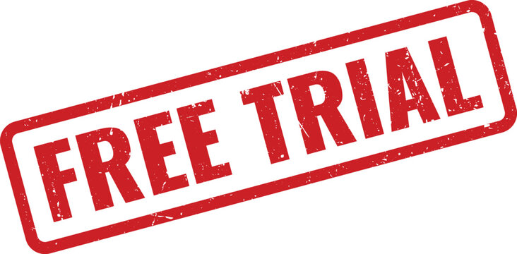 Red rectangular FREE TRIAL grunge rubber stamp for promotional offers and new product service marketing