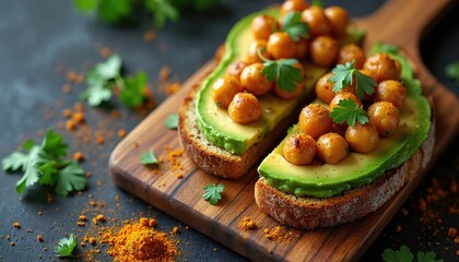 Two slices of whole wheat toast topped with creamy avocado slices and golden roasted chickpeas seasoned with cumin and cilantro, presented on a wooden board.