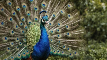 Naklejka premium Majestic Peacock Displaying Its Vibrant Plumage in Lush Greenery.