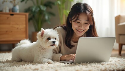 Young asian woman smiles while typing on a laptop computer resting on a fluffy rug. Her small white pet dog lies close by. Relaxed indoor home setting with plants and furniture.