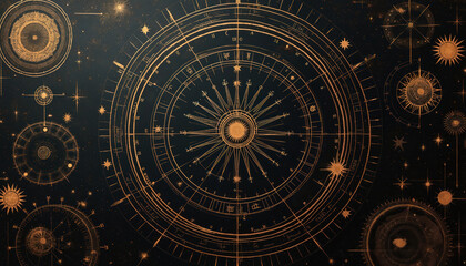 Fototapeta premium Golden celestial charts and astronomical symbols on dark starry night sky background. Cosmic patterns and sun moon graphics with constellations are arranged abstractly.
