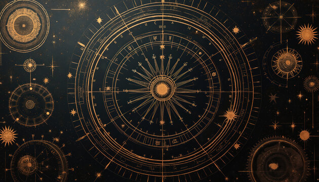 Golden celestial charts and astronomical symbols on dark starry night sky background. Cosmic patterns and sun moon graphics with constellations are arranged abstractly.
