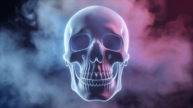 Ethereal glowing skull surrounded by swirling blue and pink smoke mist