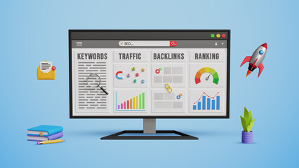 Boost Website Ranking, SEO Growth, Powerful SEO Strategies, High-Quality Backlinks, Fast Performance, Keyword Optimization, and Organic Traffic. Tracking Website Ranking on 3D Computer