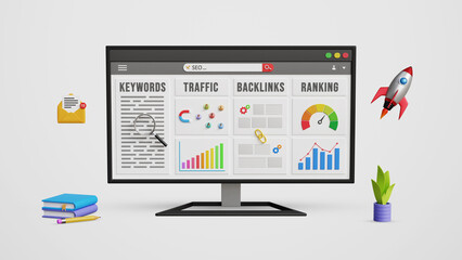 SEO Tools, Search Engine Optimization, Top Search Results, improve Website Traffic, Keywords Strategy, Building Backlinks concept. 3D Computer with Web Performance Tracking Page