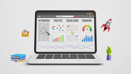 SEO Tools, Search Engine Optimization, Top Search Results, improve Website Traffic, Keywords Strategy, Building Backlinks concept. 3D Laptop with Web Performance Tracking Page