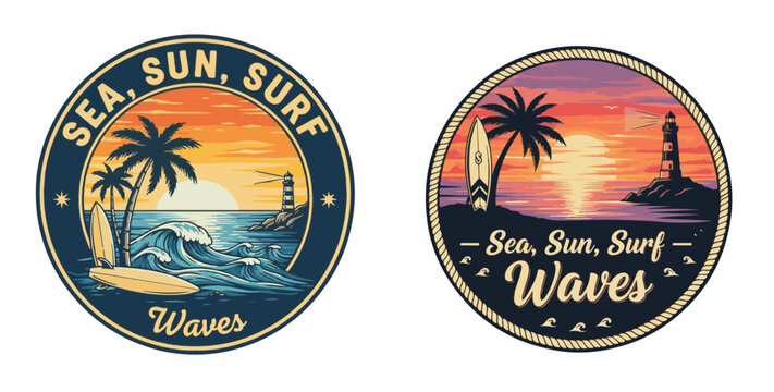 Retro Summer Surf Emblems with Tropical Sunset, Lighthouse, Palm Trees and Waves
