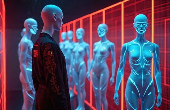 Person observes futuristic digital mannequins in a virtual showroom. Advanced tech displays clothing in augmented reality. Future fashion design and retail. - Powered by Adobe