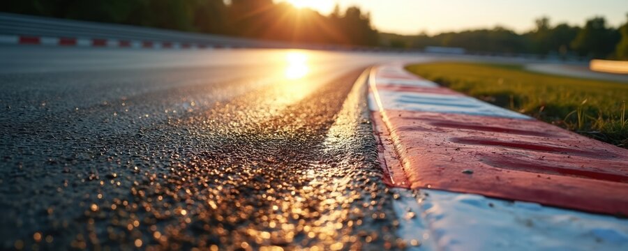 Close-up on wet asphalt racetrack curve with red white curb in golden hour sun. Textured road surface reflects light, indicating speed and grip on competition circuit.