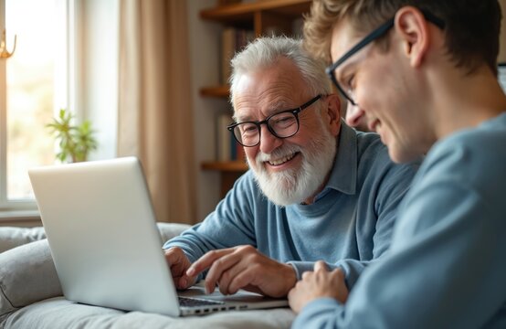 Grandfather and grandson learn computer use together at home. Smiling elder man watches as younger relative points at laptop screen, sharing tech knowledge. Family bonding time indoors.