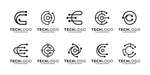 Set of letter C circular with circuit connection logo design inspiration, Geometric abstract logo icon vector isolated on white background.