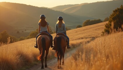 Two girls wearing helmets ride horses along dirt path on grassy hillside. Sun sets creating golden warm glow over landscape. They are enjoying nature and friendship while horseback riding.