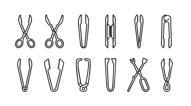 Collection of various kitchen tongs and tweezers in a simple silhouette style
