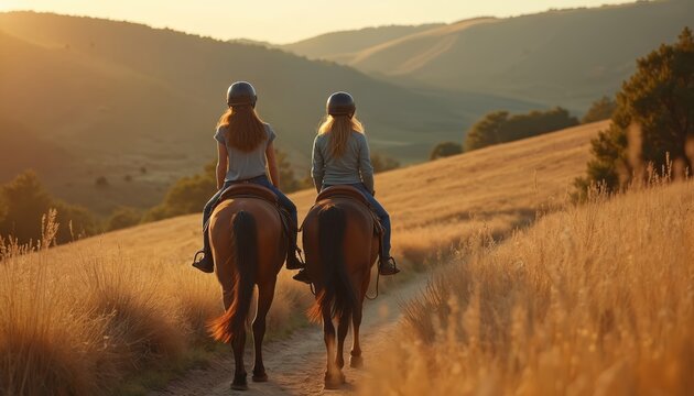 Two girls wearing helmets ride horses along dirt path on grassy hillside. Sun sets creating golden warm glow over landscape. They are enjoying nature and friendship while horseback riding.