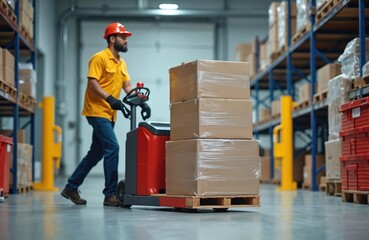 Young bearded man carefully operates electric pallet jack. Warehouse worker moves goods on pallet for shipping packages. Wears hard hat, gloves, safety gear. Modern logistics operations efficient