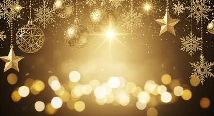 Golden christmas background with ornaments snowflakes and stars for holiday season celebration decor -happy new year
