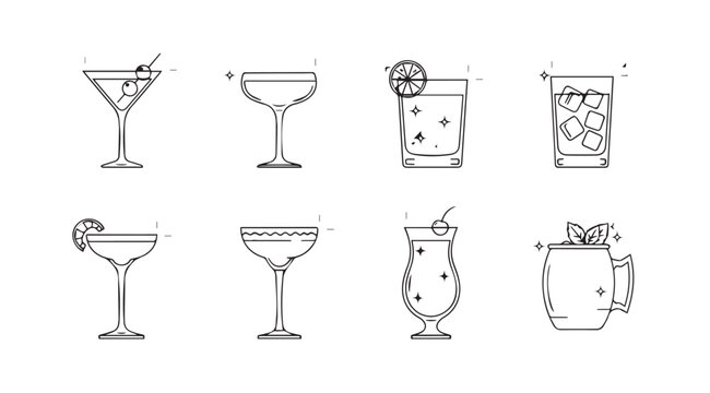 Collection of hand drawn cocktail glasses and drinks silhouette