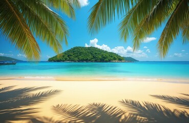 Fototapeta premium Idyllic tropical island seascape with clear blue ocean, golden sand beach, rich green hills. Palm fronds frame view, creating serene paradise vacation scene.