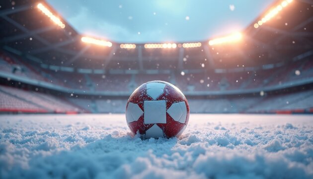 Red, white soccer ball rests on snow-covered pitch inside brightly lit stadium. Snow falls over empty arena seats. Suggests winter sport game anticipation, cold weather match, big holiday season