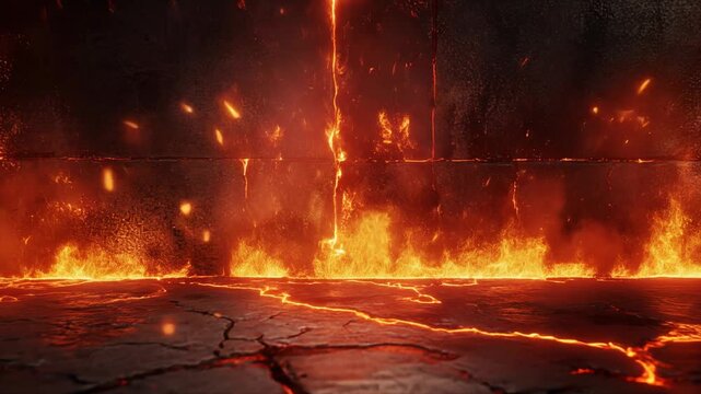 Fiery Lava Floor and Cracked Stone Walls with Intense Orange Flames fire heat