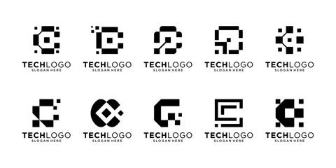 Set of letter C digital with data connection logo design inspiration, Geometric abstract logo icon vector isolated on white background.