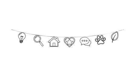 A whimsical garland of hand drawn icons in a simple outline silhouette style