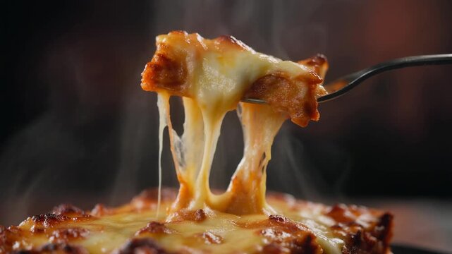 Fork lifting a piece of cheesy lasagna with melted cheese stretching image photo